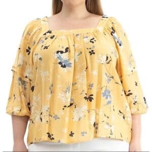 Zac & Rachel Plus 2X Yellow Floral Square Neck Crinkled Shirt